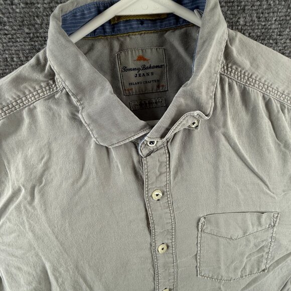 Tommy Bahama Tencel Cotton Button-Down Gray Large Beach Mens Shirt Pocket Adult - Picture 2 of 14